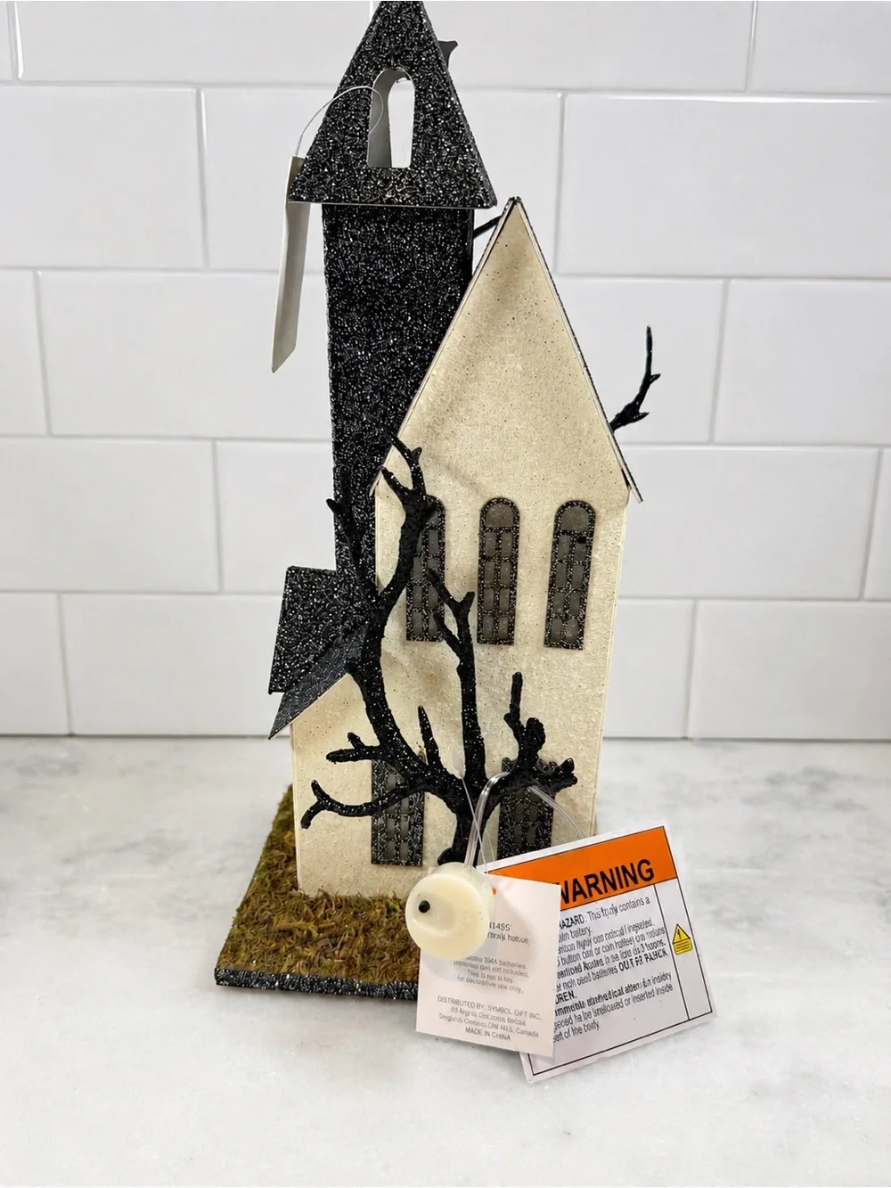 Halloween Putz Style Glitter Steeple House Bats LED Light-Up Black 12” New